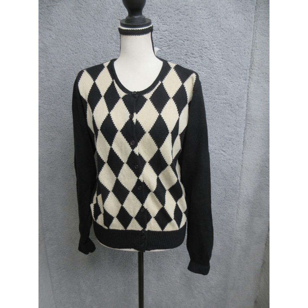 Vintage 90s Villager Argyle Cardigan Sweater Women S Black Preppy Academic Mod